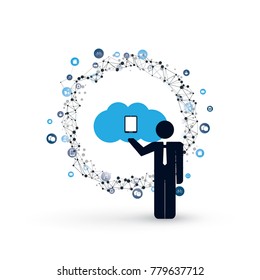 Cloud Computing and Internet of Things Design Concept with a Standing Business Man and Icons - Digital Network Connections, Technology Background
