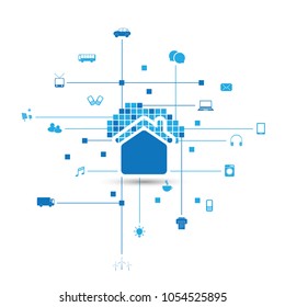 Cloud Computing, IoT, Home Automation  Design Concept with Icons - Digital Network Connections, Technology Background
