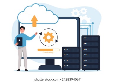 Cloud computing isolated. Secure connection, storage and cloud technology.Data transfer folders with documents, data storage, brainstorming, teamwork Vector illustration.