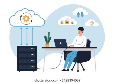Cloud computing isolated. Secure connection, storage and cloud technology.Data transfer folders with documents, data storage, brainstorming, teamwork Vector illustration.