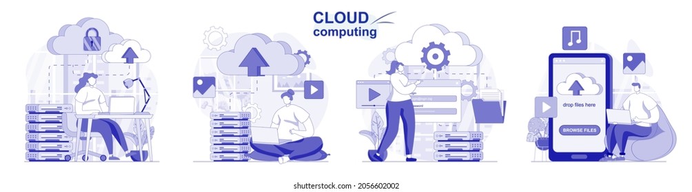 Cloud computing isolated set in flat design. People upload files, storage and processing data collection of scenes. Vector illustration for blogging, website, mobile app, promotional materials.