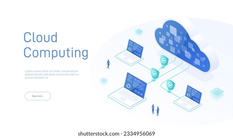 Cloud computing isometric. Big data flow processing concept, cloud database. Cloud Technology 3dillustration. Cloud computing technology users network configuration advertisement poster. 