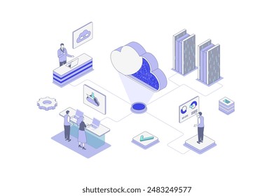 Concepto isométrico de computación en la nube en diseño de isometría esquemática para Web. Personas que utilizan la plataforma de almacenamiento de datos en línea, carga de archivos y computación con acceso seguro al servidor. Ilustración vectorial.