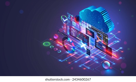 Cloud computing isometric concept. Cloud storage in software development. Digital internet technology. Database remote administration. Cloud technology data center. Abstract computer interface.