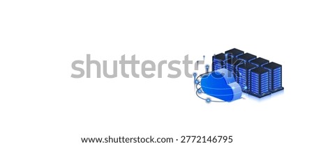 Cloud computing isometric with data servers and digital network connection concept in futuristic blue technology web banner.