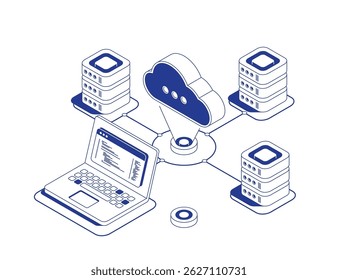 Cloud computing isometric illustration with storage icon, server racks and connected laptop showing big data flow processing and network configuration in line contour vector style.