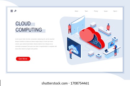 Cloud computing isometric landing page. Hosting platform, big data management, database storage and analyzing. Digital technology and devices. Busy people in work situation 3d vector isometry.