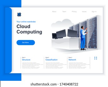 Cloud computing isometric landing page. IT specialist near server rack at data center situation. Hosting platform hardware technology, data structuring and classification perspective flat design.