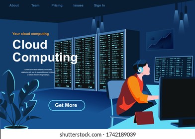 Cloud Computing isometrische Landing Page. IT-Spezialist arbeitet im Server-Raum Website-Template. Hosting Plattform Technologie, Datenstrukturierung und Klassifizierung Perspektive flache Vektorgrafik.