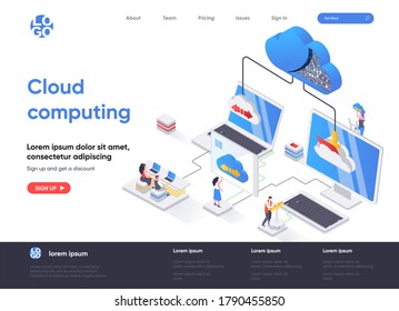 Isometometrische Landungsseite für Cloud-Computing. Hosting-Plattform, Big Data Processing, Cloud-Datenbank-Administration Isometrie-Webseite. Website flache Vorlage, Vektorgrafik mit Menschen Zeichen.