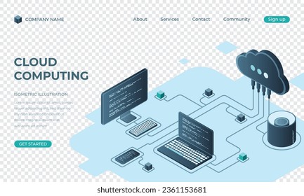 Cloud computing isometric landing page. Cloud storage server. Cloud computing online database technology. Vector illustration