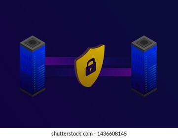 Cloud Computing Isometric Secutiry Vector Concept. Secure data exchange between two online cloud storage servers.  Modern Illustration for landing page, banner, slider, infographic