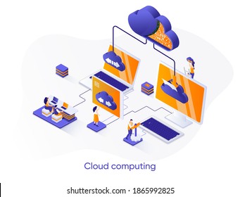 Cloud computing isometric web banner. Hosting platform isometry concept. Big data processing service 3d scene, cloud database administration flat design. Vector illustration with people characters.