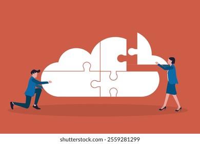 Cloud computing jigsaw puzzle with business team collaborative working. concept team work, opportunity and success