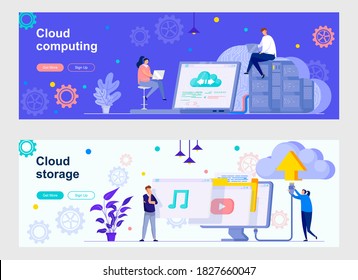 Cloud computing landing page with people characters. Internet hosting provider, data storage service web banners set. cloud storage, database system vector illustration great for social media cover.