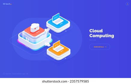 Cloud computing. Landing page. Two laptops are connected to a cloud service. Digital technologies. Isometric vector illustration 3d style on blue background