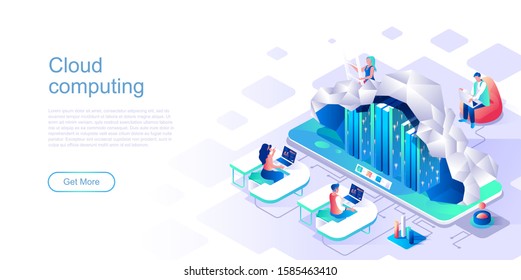 Cloud computing landing page vector template. Data and info storage website header UI layout with isometric illustration. Database server, hosting infrastructure web banner isometry concept