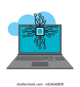 Cloud computing laptop with microchip symbol isolated vector illustration graphic design