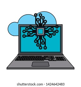 Cloud computing laptop with microchip symbol isolated vector illustration graphic design