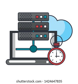 Cloud computing laptop servers and timer vector illustration graphic design