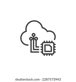 Cloud computing line icon. AI technology linear style sign for mobile concept and web design. Computer microchip and cloud outline vector icon. Symbol, logo illustration. Vector graphics