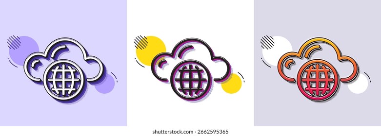 Ícone de linha de computação em nuvem. Padrão pontilhado de meio-tom. Ícone de gradiente com sombra de grão. Sinal de armazenamento de dados da Internet. Símbolo de tecnologia de hospedagem de arquivos. Ícone de computação em nuvem de linha. Vários desenhos. Vetor