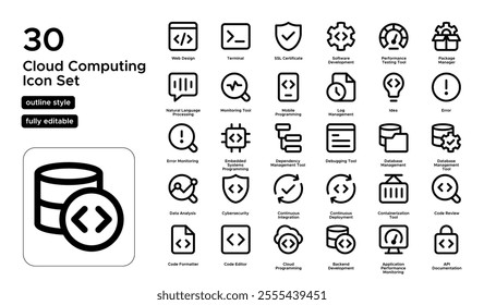 Cloud Computing Line Icon Set: Data Storage, Virtual Servers, and Cloud-Based Services Icons