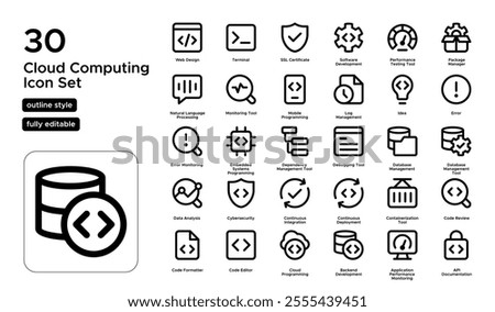 Cloud Computing Line Icon Set: Data Storage, Virtual Servers, and Cloud-Based Services Icons