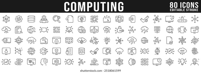 Conjunto grande de ícones de linha de computação em nuvem. Nuvem, computador, internet, rede, web etc. Traçado editável