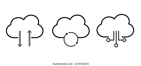 Cloud Computing Line Icons. Data Storage Technology Information Infrastructure System Data. Cloud Access Platform. Vector Set With Three Icons.
