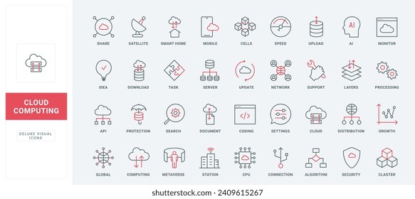 Cloud computing line icons set. Server services for security system and storage documents, digital access protection, network connection thin black and red outline symbols, vector illustration