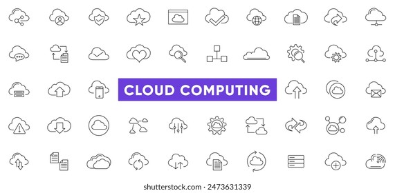 Conjunto de iconos de línea de Cloud Computing. Nube, servicios en la nube, servidor, ciberseguridad, transformación digital, computación, servidor, base de datos, tecnología, redes, datos e Internet esquematizan la colección de iconos.