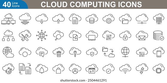 Cloud computing line icons set. Data, storage, services, networking, security, cyber, backup, server, computing, technology and more. vector illustration.