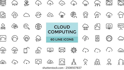 cloud computing line icons Set, cloud services, server, cyber security, digital transformation. Outline icon collection. Editable stroke. 