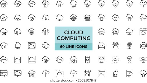 cloud computing line icons Set, cloud services, server, cyber security, digital transformation. Outline icon collection. Editable stroke. 