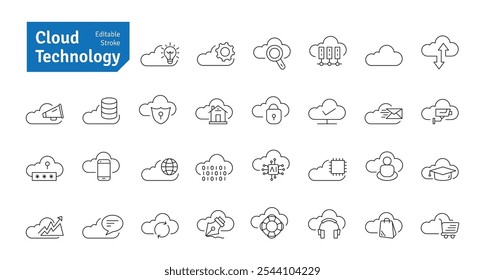 Cloud Computing Line Icons Set. Cloud Infrastructure, Technology, Networking, Database, AI Icons