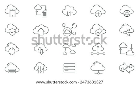 Cloud Computing line icons set. Cloud, cloud services, server, cyber security, digital transformation, computing, server, database, technology, networking, data and internet outline icons collection.