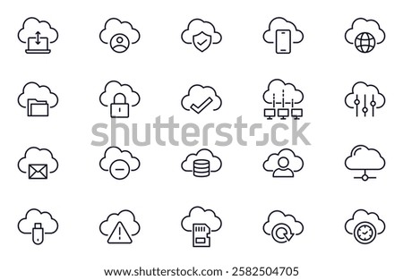 Cloud Computing line icons set. Cloud, cloud services, server, cyber security, digital transformation, computing, server, database, technology, networking, data and internet outline icons collection.