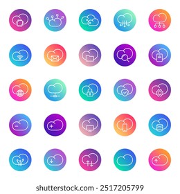 Iconos vectoriales de línea de computación en la nube en rondas de gradiente de color aisladas sobre fondo blanco. Conjunto de iconos de esquema de computación en nube para diseño de Web y interfaz de usuario
