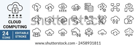 Cloud computing line web icons. cloud services, server, cyber security, digital transformation. Outline icon collection. Editable stroke. Vector illustration