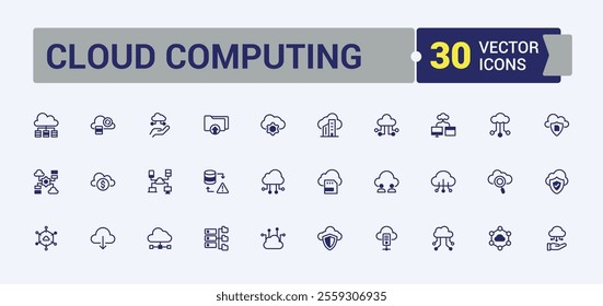 Cloud Computing linear icon collection. Includes thin line upload, communication, hosting, data, computer, storage, system, database. Minimal icons. Vector outline and solid icons collection.