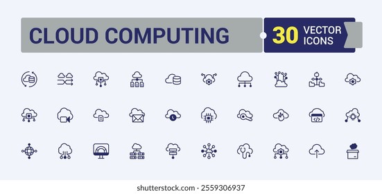 Cloud Computing linear icon collection. Includes thin line upload, communication, hosting, data, computer, storage, system, database. Minimal icons. Vector outline and solid icons collection.