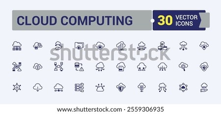 Cloud Computing linear icon collection. Includes thin line upload, communication, hosting, data, computer, storage, system, database. Minimal icons. Vector outline and solid icons collection.