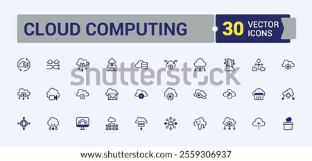 Cloud Computing linear icon collection. Includes thin line upload, communication, hosting, data, computer, storage, system, database. Minimal icons. Vector outline and solid icons collection.