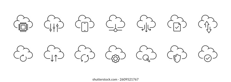 Cloud computing linear icons set: efficient data solutions and technology tools