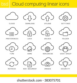 Cloud computing linear icons set. Download, upload, settings and preferences symbols. Lock, unlock and folder icons. Online data storage icons. Thin line illustration. Vector isolated outline drawings