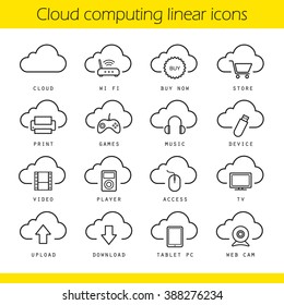 Cloud computing linear icons set. Buy now, download, upload and print icons. Music, video and tv symbols. Cloud computing thin line concepts. Cloud technology vector isolated outline illustrations