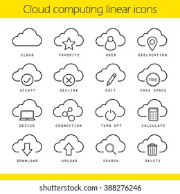 Cloud computing linear icons set. Geo location, favorite, free space, device connection and turn off symbols. Cloud computing concepts. Online data storage thin line isolated vector illustrations