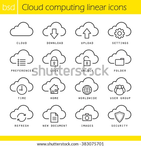 Cloud computing linear icons set. Download, upload, settings and preferences symbols. Lock, unlock and folder icons. Online data storage icons. Thin line illustration. Vector isolated outline drawings