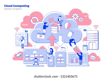 Cloud Computing with little people on the server - All elements on this template are editable with vector software
